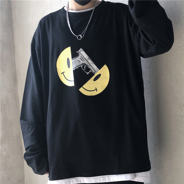 Retro smiley pistol print loose long sleeve T-shirt