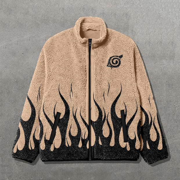 Anime Flame Print Long Sleeve Zipper Pocket Plush Coat