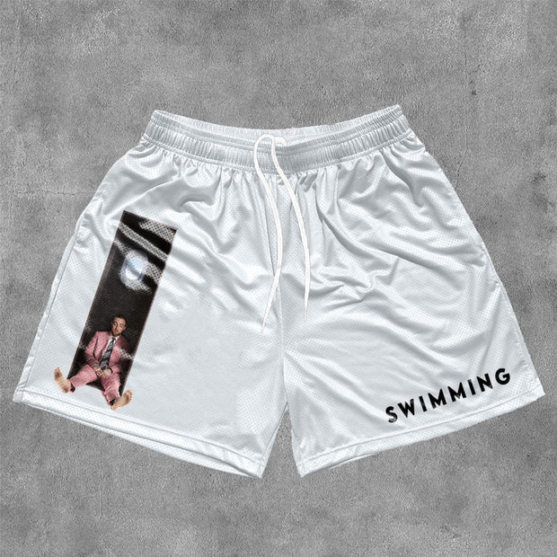 Swimming Print Mesh Drawstring Shorts