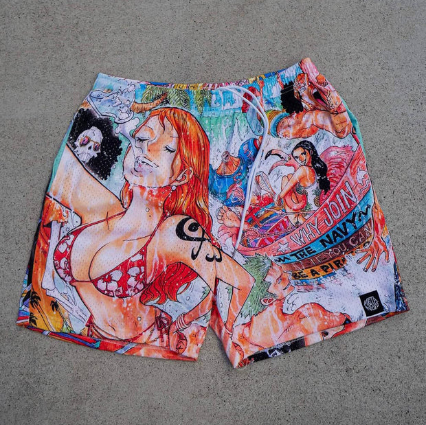 Strawhats Pool Party Print Mesh Drawstring Shorts