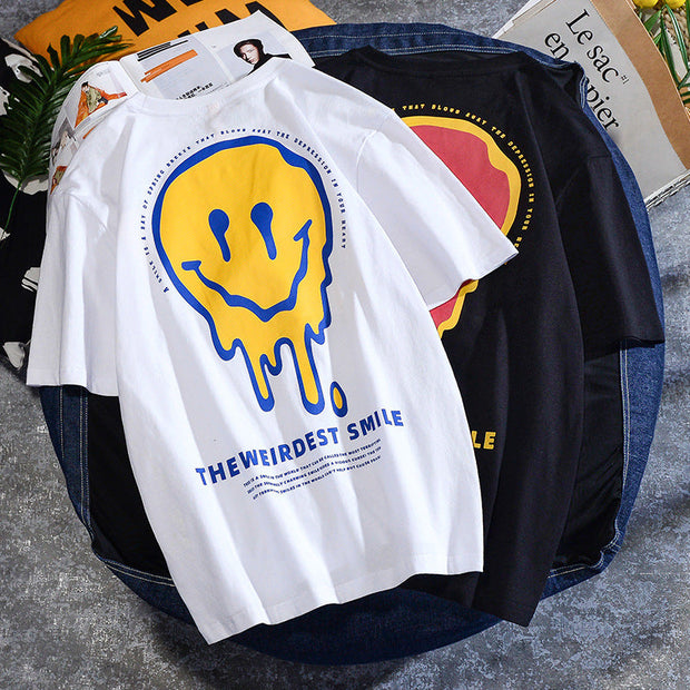 Printed loose smiley face hip hop personality men‘s T-shirt