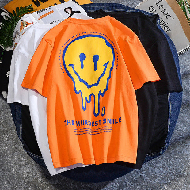 Printed loose smiley face hip hop personality men‘s T-shirt