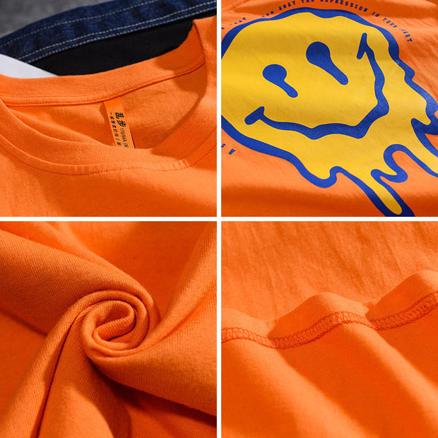 Printed loose smiley face hip hop personality men‘s T-shirt