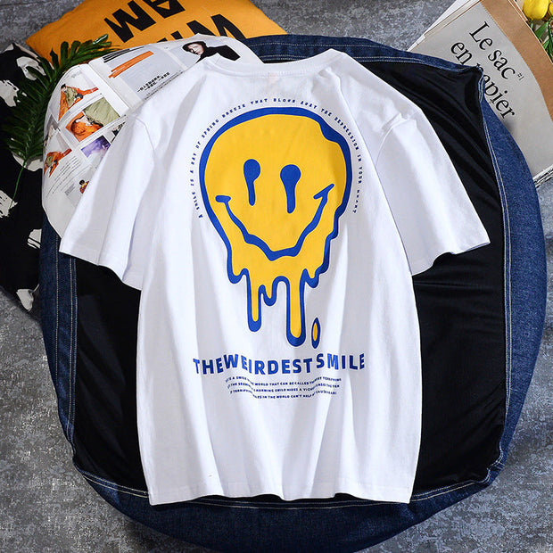 Printed loose smiley face hip hop personality men‘s T-shirt