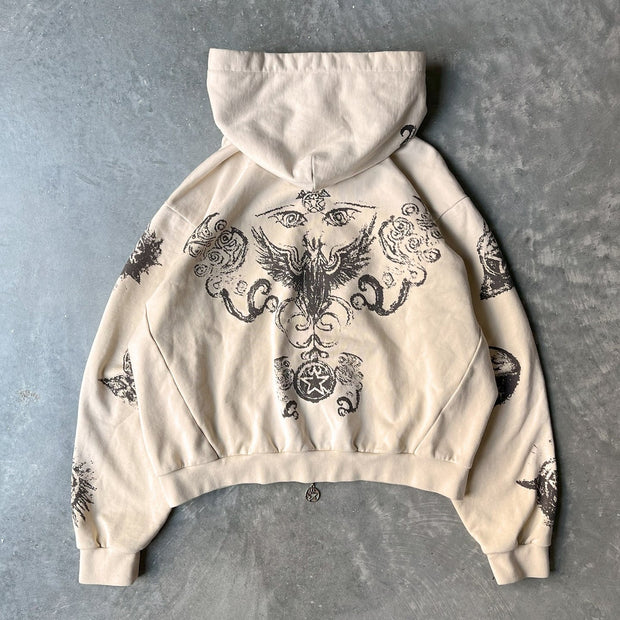 Personalized Street Style Stars and Sun Print Zip-Up Hoodie