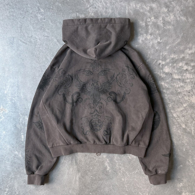 Personalized Street Style Stars and Sun Print Zip-Up Hoodie