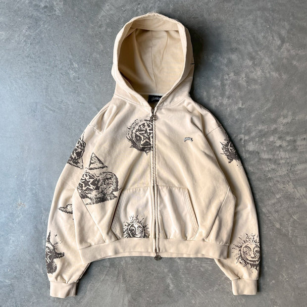 Personalized Street Style Stars and Sun Print Zip-Up Hoodie
