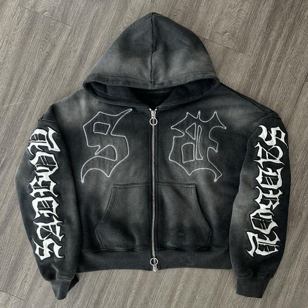Sad Boy Print Long Sleeve Zipper Applique Embroidered Hoodies