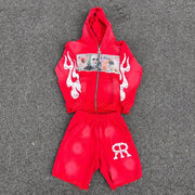Vintage Washed Zip-Up Hoodie Shorts Two-Piece Set