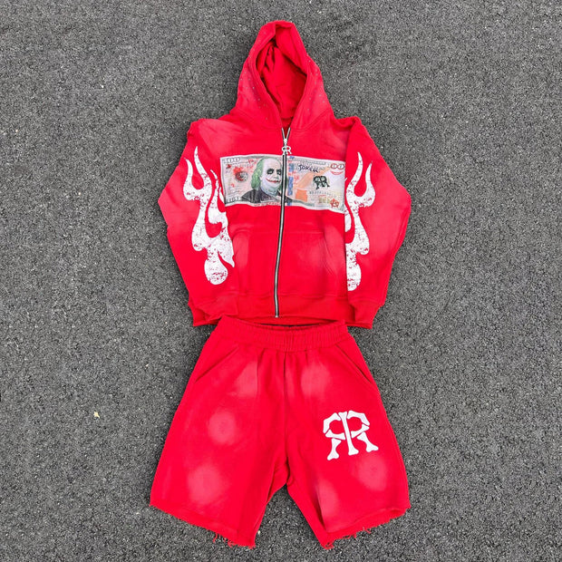 Vintage Washed Zip-Up Hoodie Shorts Two-Piece Set