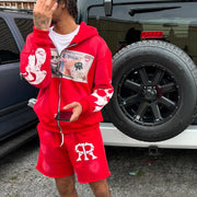 Vintage Washed Zip-Up Hoodie Shorts Two-Piece Set