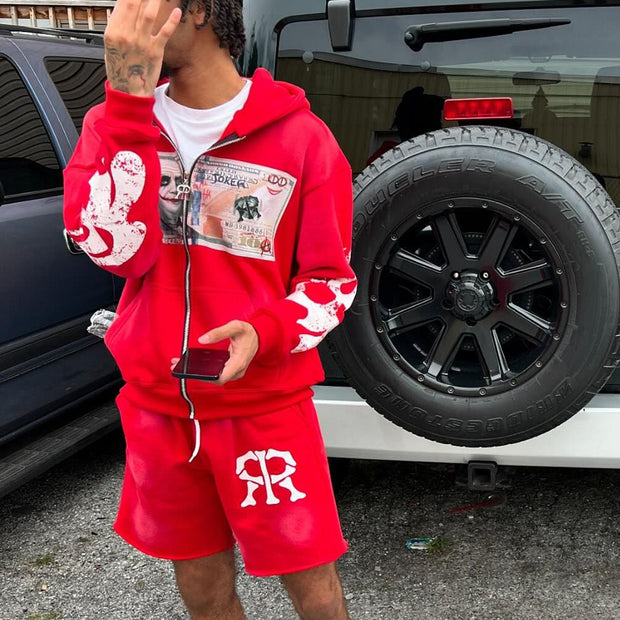 Vintage Washed Zip-Up Hoodie Shorts Two-Piece Set