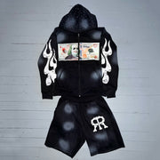 Vintage Washed Zip-Up Hoodie Shorts Two-Piece Set