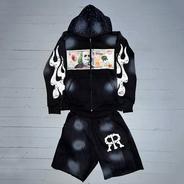 Vintage Washed Zip-Up Hoodie Shorts Two-Piece Set