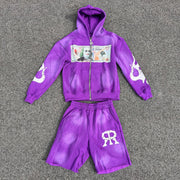 Vintage Washed Zip-Up Hoodie Shorts Two-Piece Set