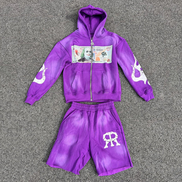 Vintage Washed Zip-Up Hoodie Shorts Two-Piece Set