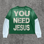 Fake Two You Need Jesus Print Long Sleeve T-Shirt