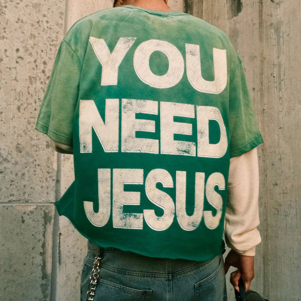 Fake Two You Need Jesus Print Long Sleeve T-Shirt