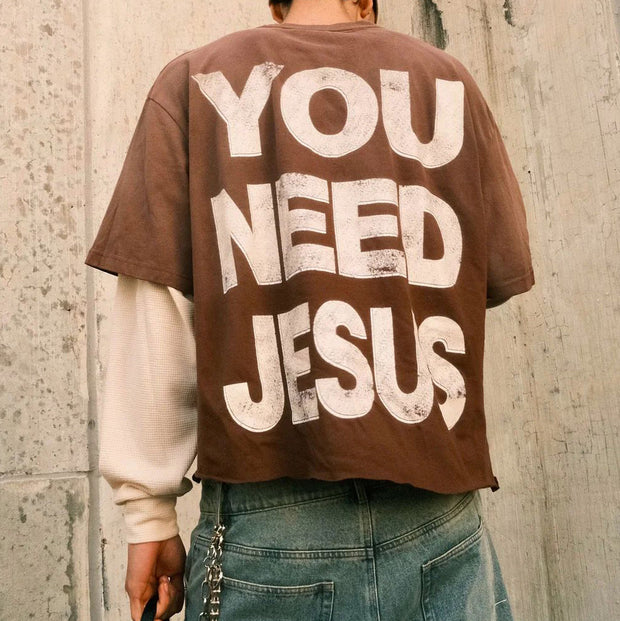 Fake Two You Need Jesus Print Long Sleeve T-Shirt