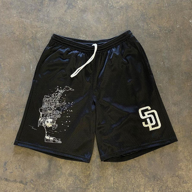 Street statement print sports mesh shorts