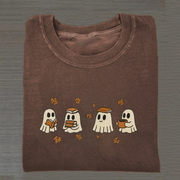 Cute Ghosts Reading Books Autumn Embroidered T-shirt