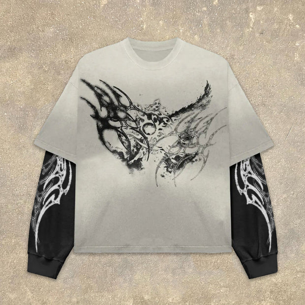 Dark Wings Fake Two Print Long Sleeve T-Shirt