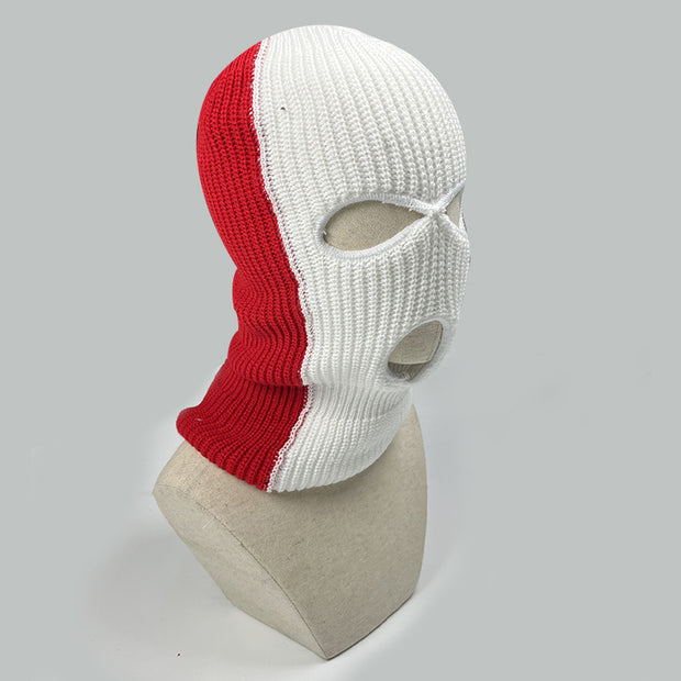 Three-color panel knitted three-hole hat