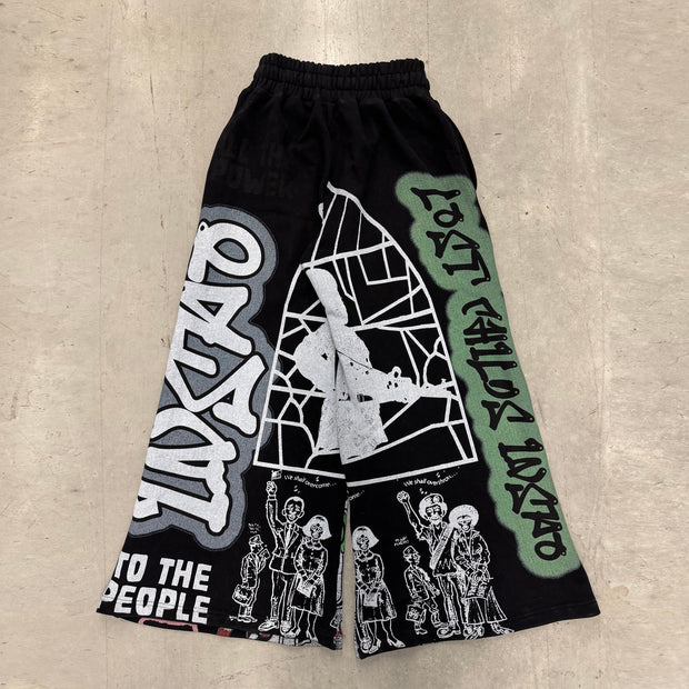 Retro casual graffiti print wide-leg pants