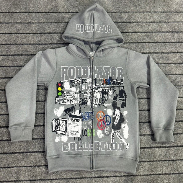 Collection Print Long Sleeve Zipper Hoodies