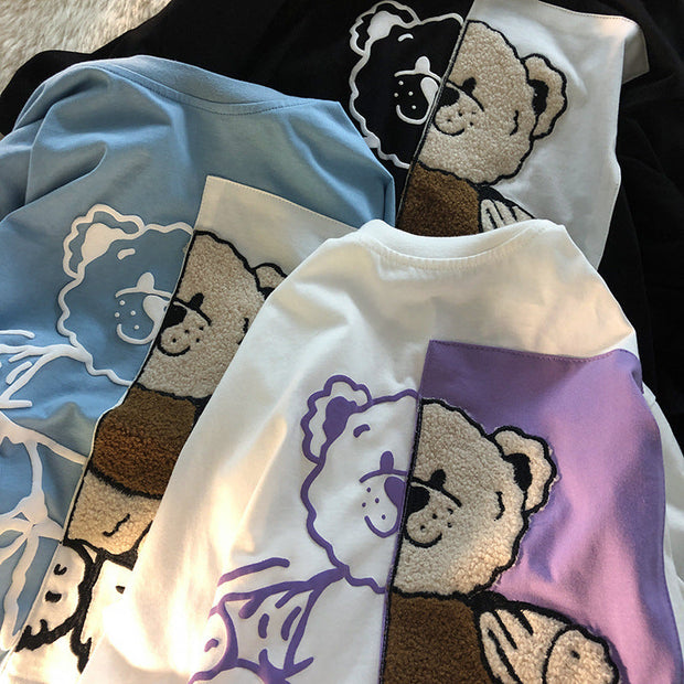 Jew4room Flocking Embroidered Bear Short Sleeve T-shirt