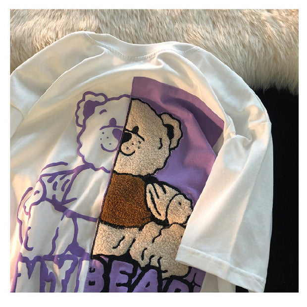 Jew4room Flocking Embroidered Bear Short Sleeve T-shirt