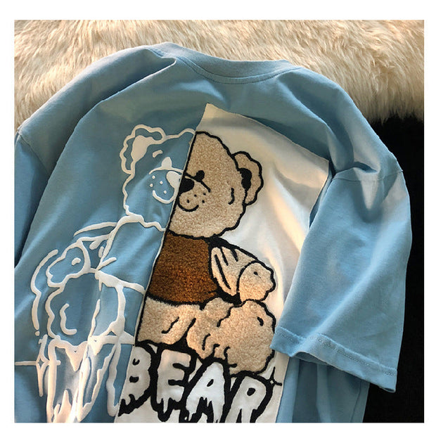 Jew4room Flocking Embroidered Bear Short Sleeve T-shirt