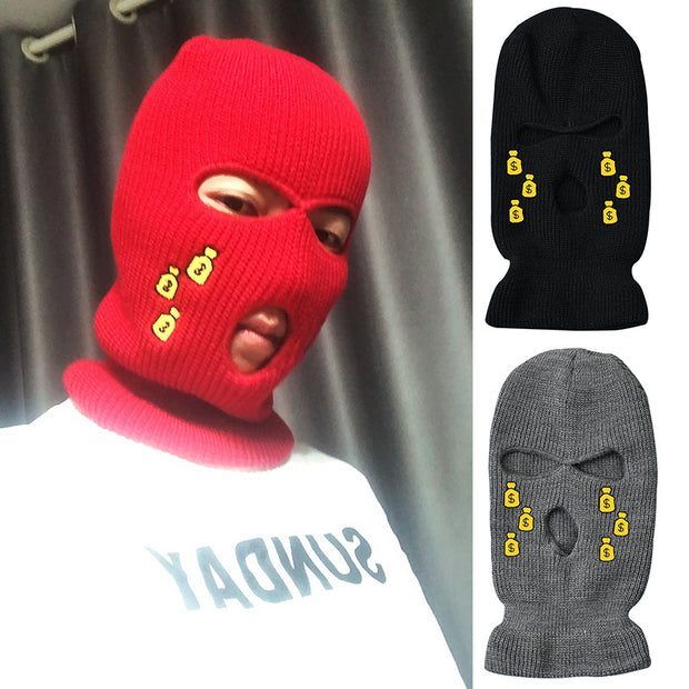 Tears of money embroidered three-hole hat warm ski mask