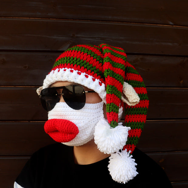 Winter funny Christmas hat new handmade crochet clown hat red lip mask two-piece holiday couple parent-child outfit