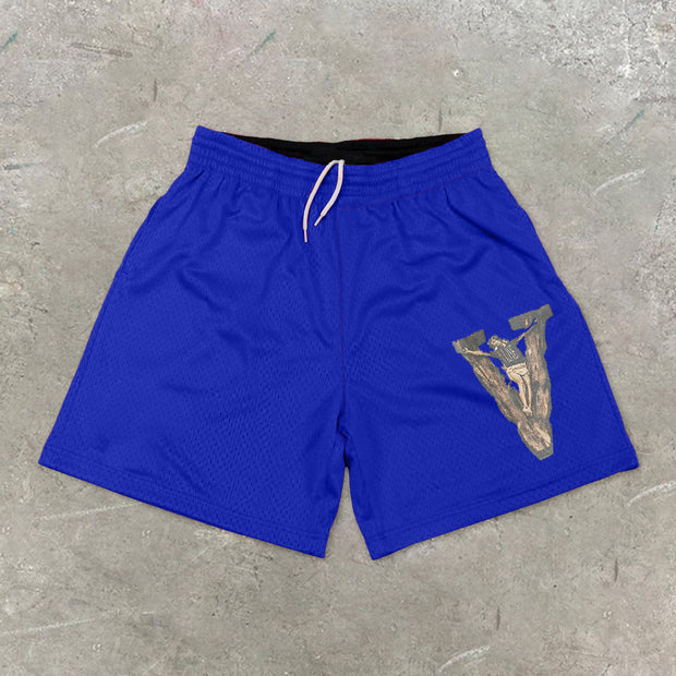 Casual Jesus Pattern Vintage Mesh Shorts