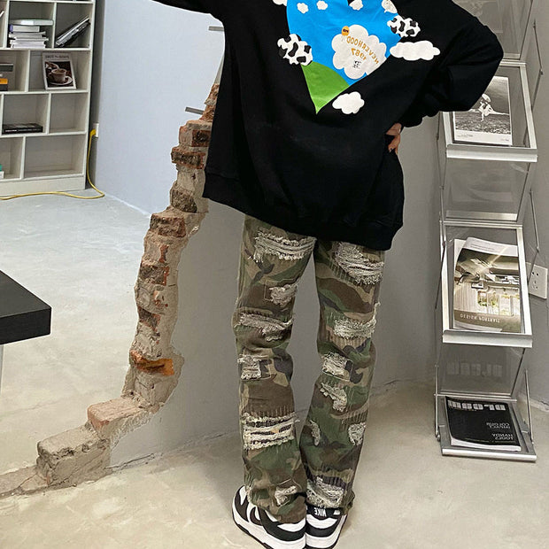 High street camouflage destruction design overalls street hole old washed loose straight denim trousers tide