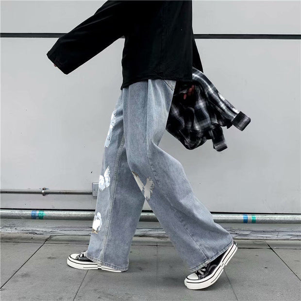 Casual hip-hop butterfly print street shot denim trousers