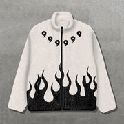 Anime Symbol Flame Print Long Sleeve Zipper Pocket Plush Coat