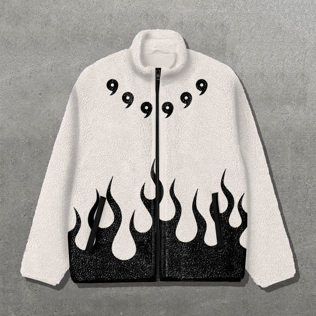 Anime Symbol Flame Print Long Sleeve Zipper Pocket Plush Coat