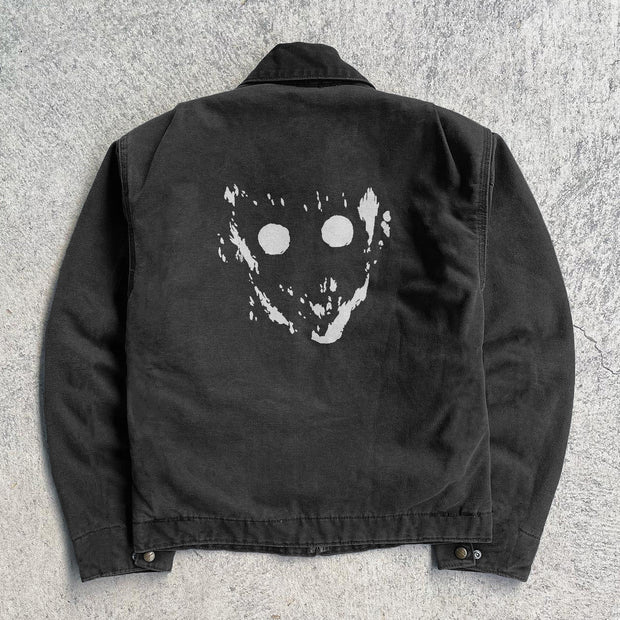 Letters Printed Long Sleeve Zipper Multi-Pocket Jacket