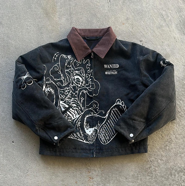 Retro contrast anime print zip-up jacket