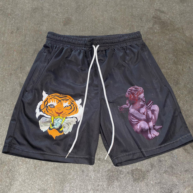 Angel Print Vintage Fashion Mesh Shorts