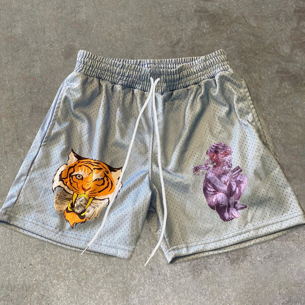 Angel Print Vintage Fashion Mesh Shorts