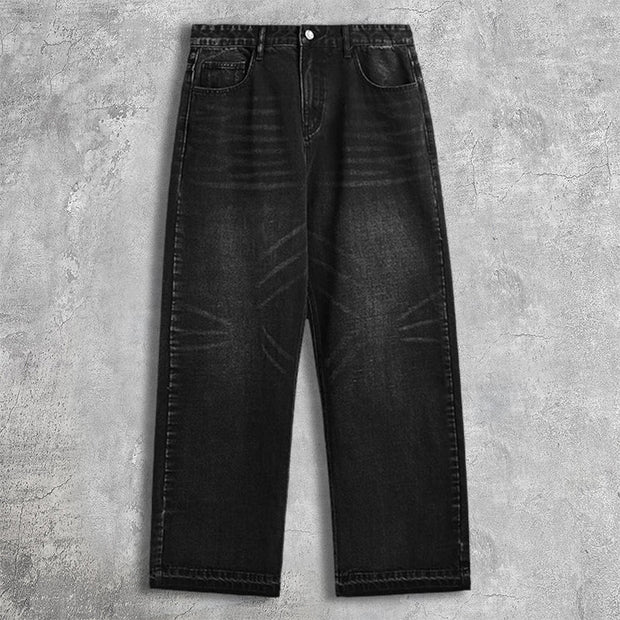 Straight-leg raw-edge washed wide-leg jeans