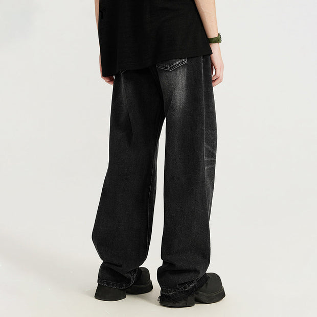 Straight-leg raw-edge washed wide-leg jeans