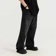 Straight-leg raw-edge washed wide-leg jeans