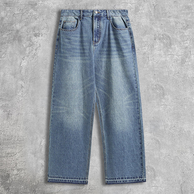 Straight-leg raw-edge washed wide-leg jeans