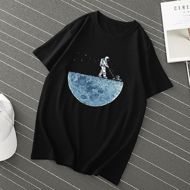 Astronaut print Pure cotton pullover short sleeve cartoon anime round neck iT-shirt