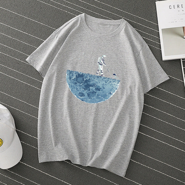 Astronaut print Pure cotton pullover short sleeve cartoon anime round neck iT-shirt