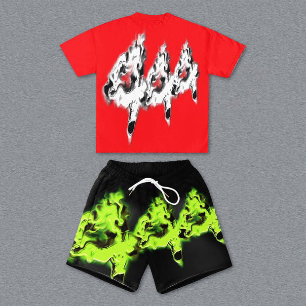 Contrast Color Retro Short Sleeve Shorts Set